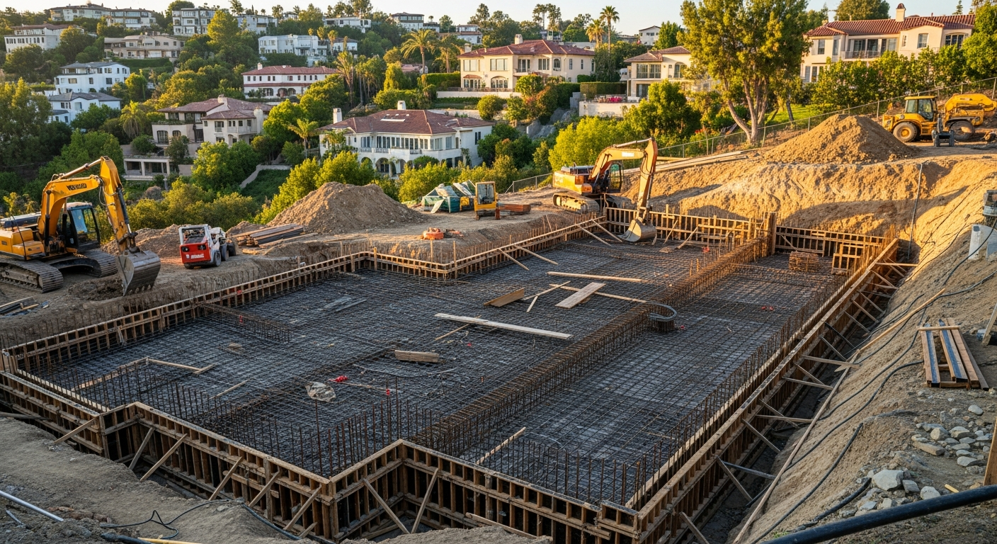 Studio City hillside home foundation excavation showing rebar and formwork on sloped terrain with retaining wall.