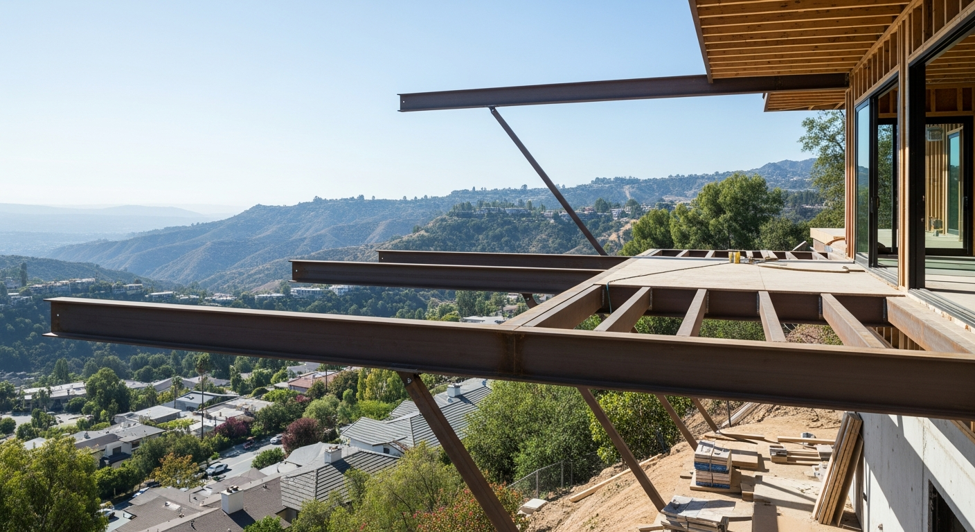 Cantilevered deck framing on Studio City hillside remodel with canyon views and structural steel beams.