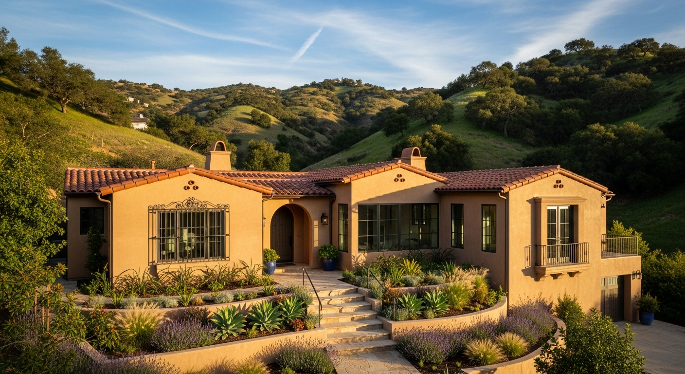 Completed Studio City hillside remodel with updated stucco exterior, new windows, and terraced landscaping on slope.