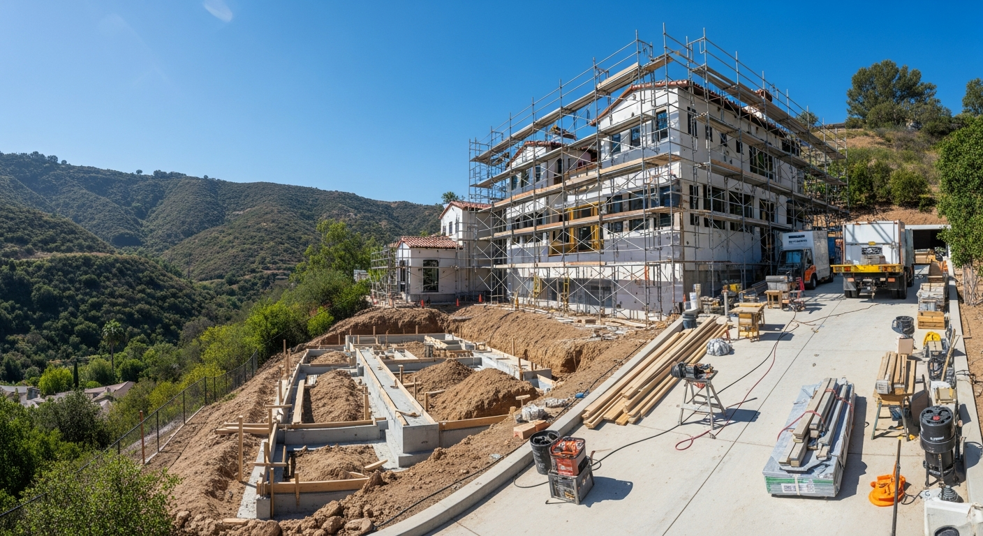 Studio City hillside home undergoing complete remodel with scaffolding and foundation work visible against canyon backdrop.