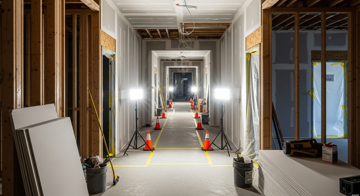 West Hollywood multi-family building interior showing fire-rated corridor with Type X drywall and accessible egress path during remodel construction.
