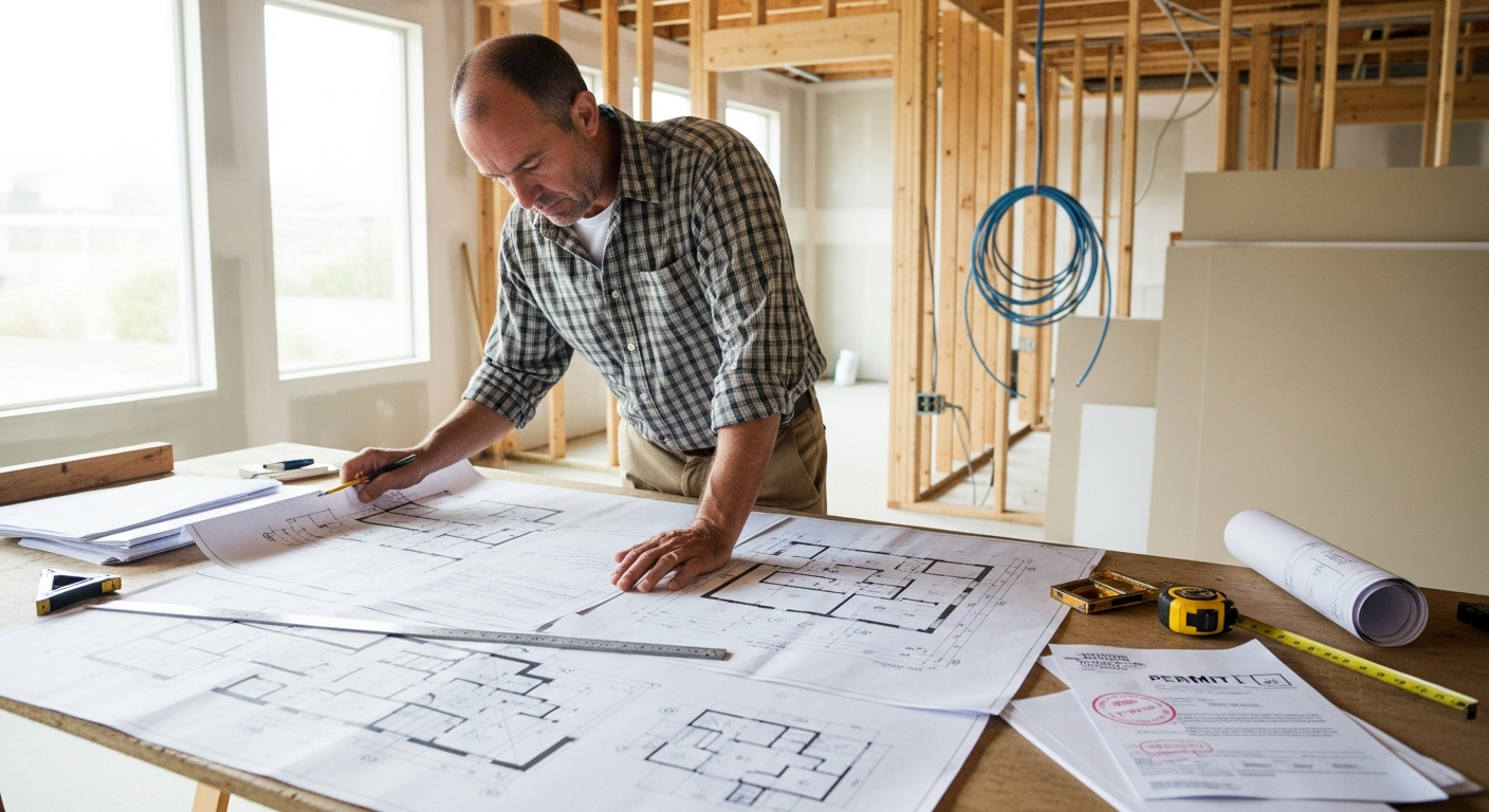 Contractor reviewing architectural plans on site at a West Hollywood mixed-use building with structural drawings and permit documents visible.