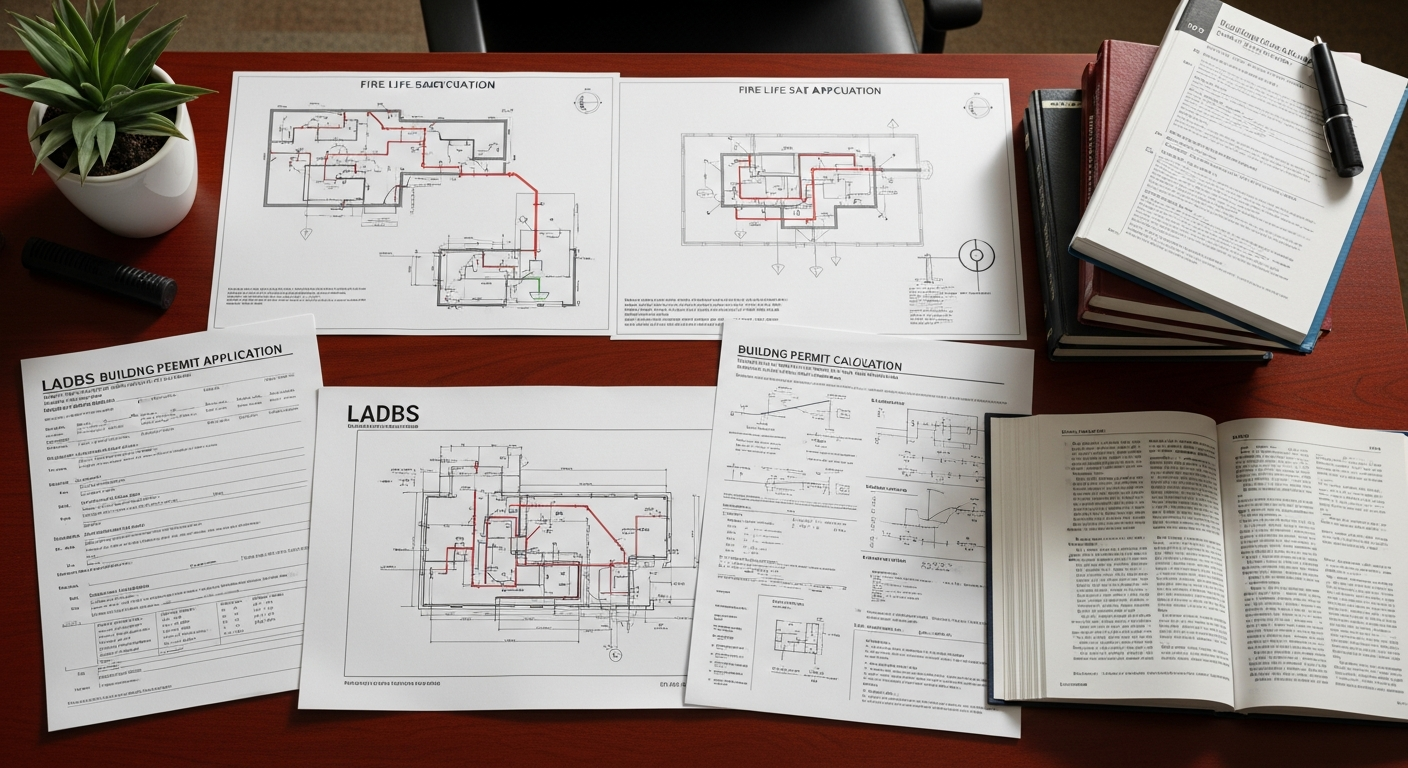 Plan review documents and fire-life-safety drawings spread on desk for West Hollywood multi-family remodel project.