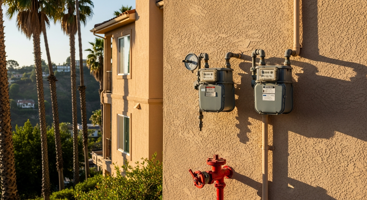 West Hollywood hillside multi-family building exterior showing separate utility meters and fire-department connection for sprinkler system.