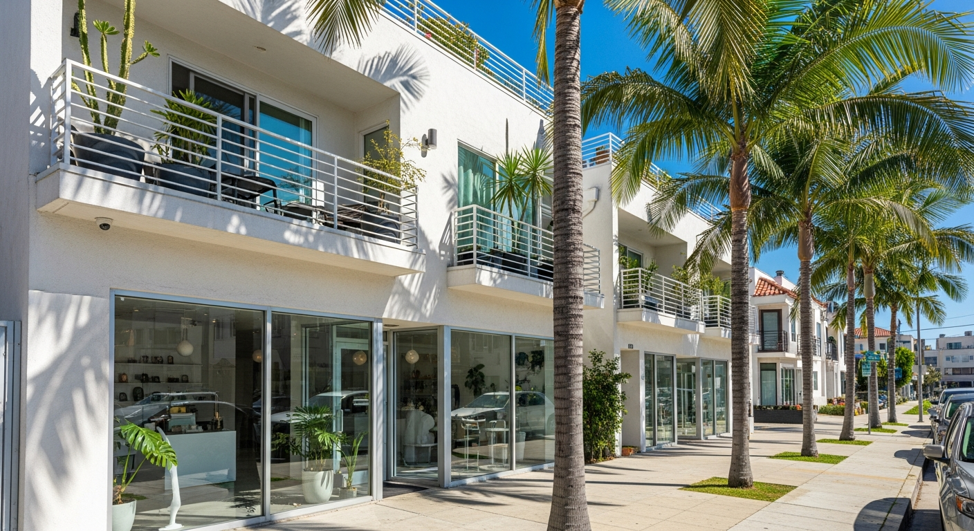 Two-story mixed-use building in West Hollywood with ground-floor retail and residential units above, showing stucco facade and palm trees along the street.