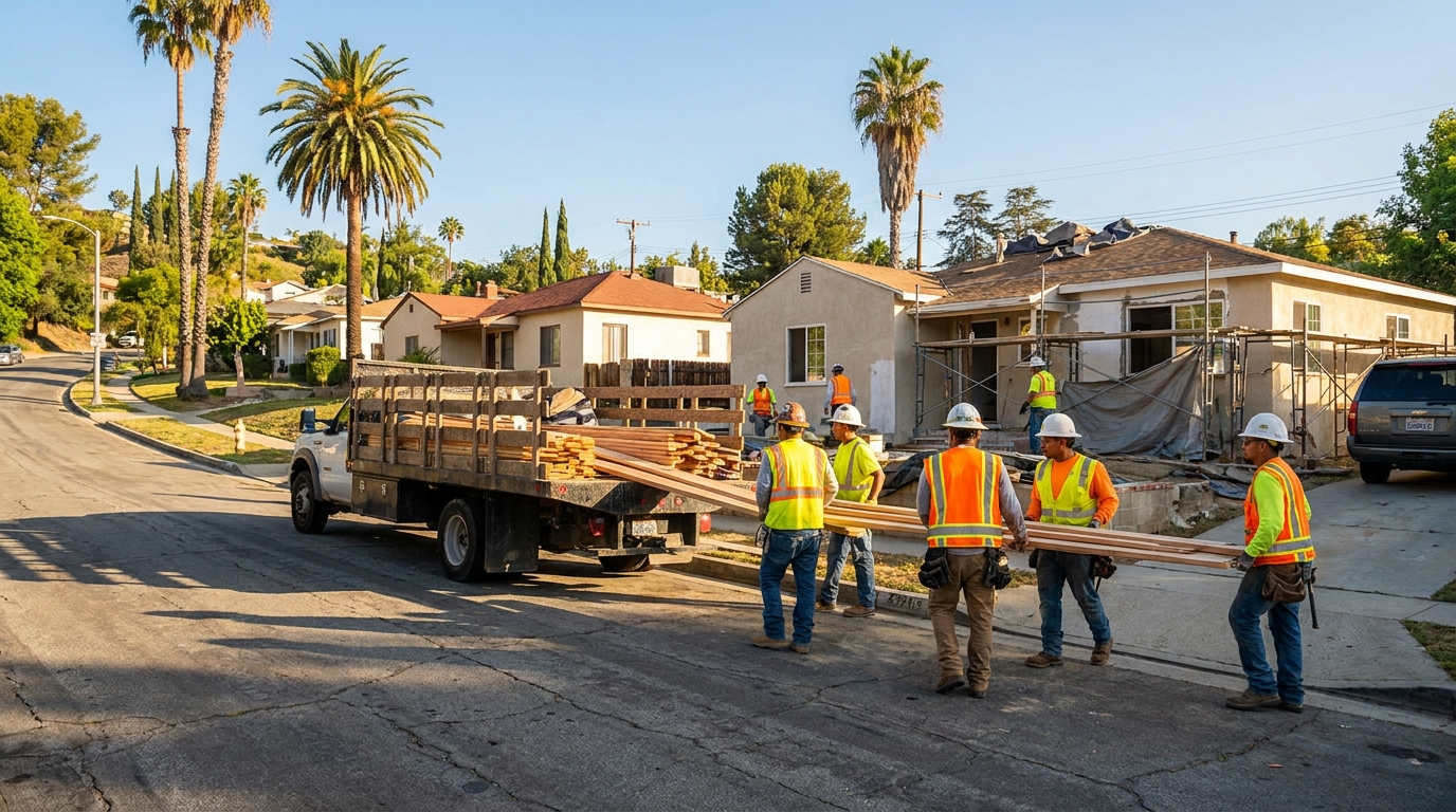 Construction crew coordinating material delivery on a tight Woodland Hills street with a flatbed truck staged at the curb and workers unloading lumber.