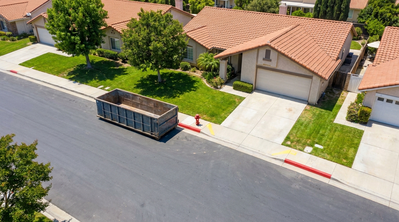 Dumpster placement diagram showing clearance from fire hydrant and driveway on a Woodland Hills residential block with marked curb and street dimensions.