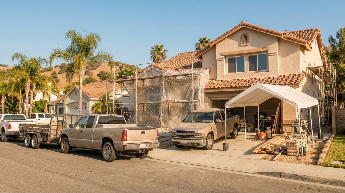 Woodland Hills home under complete remodel with crew vehicles parked along the street and material staged in the driveway under a covered area.