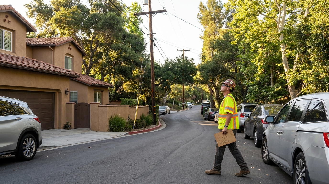 Contractor walking a Woodland Hills residential block with clipboard, noting street width, parked cars, and overhead utility lines during pre-construction site assessment.