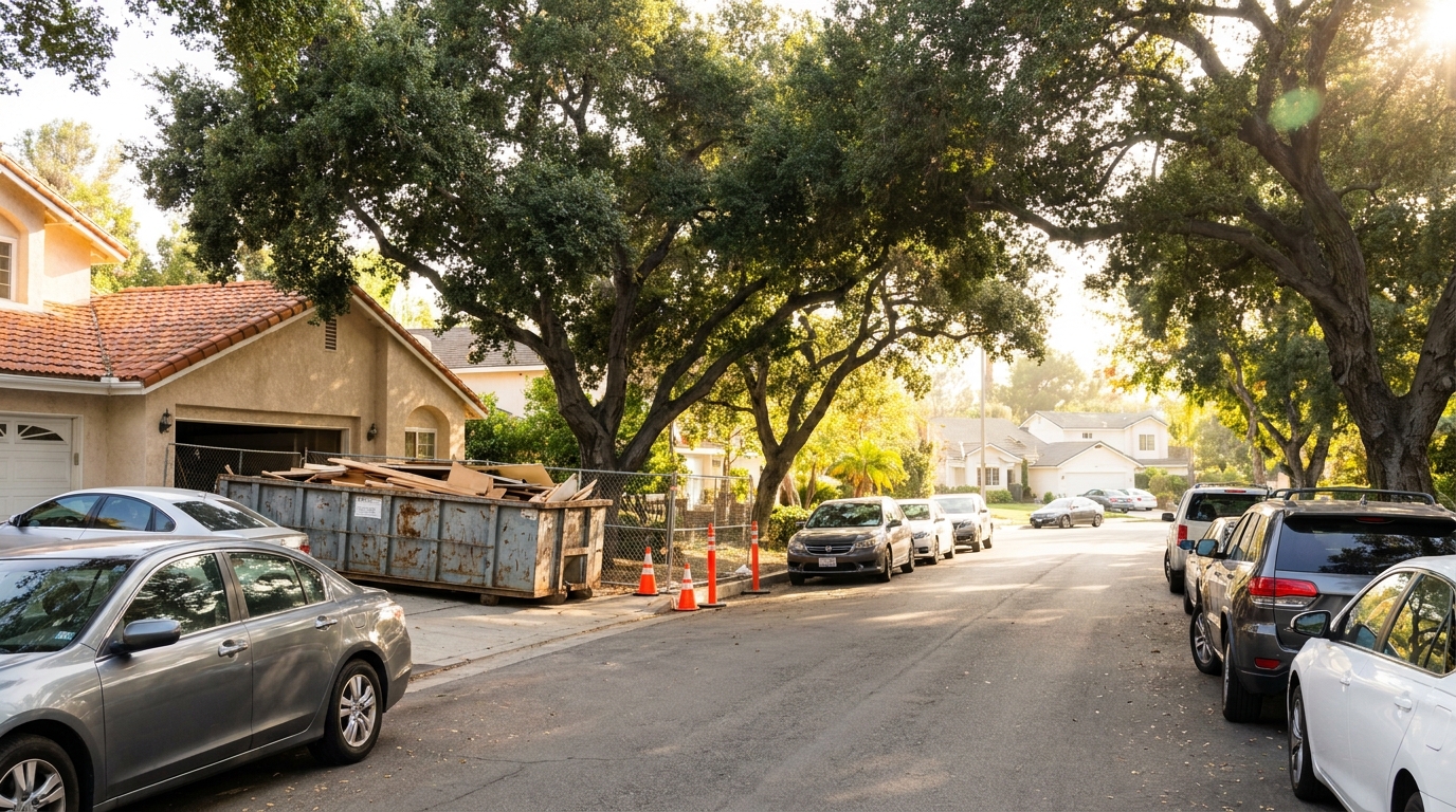 Narrow Woodland Hills residential street with parked cars lining both curbs and a construction dumpster staged near a driveway under California oak trees.