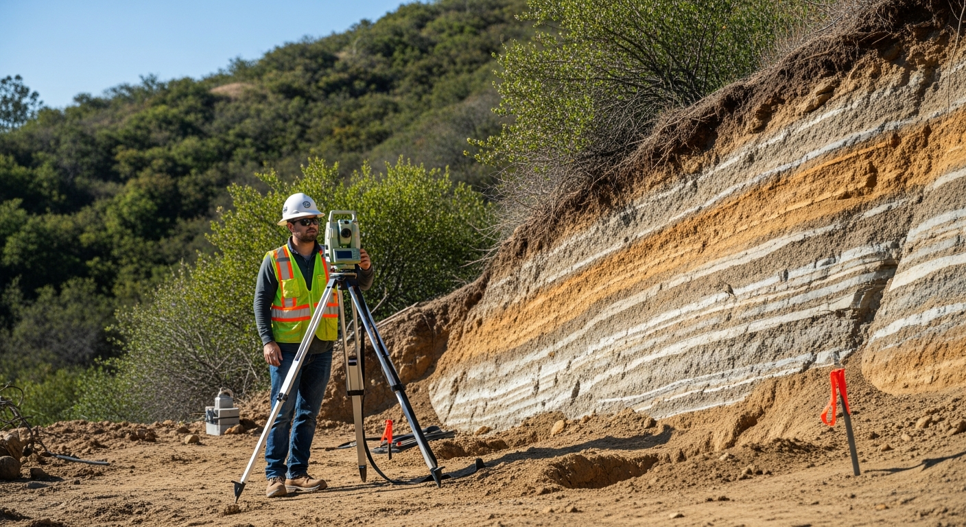 Geotechnical engineer conducting soils investigation on a Woodland Hills hillside lot with exposed slope and survey equipment.