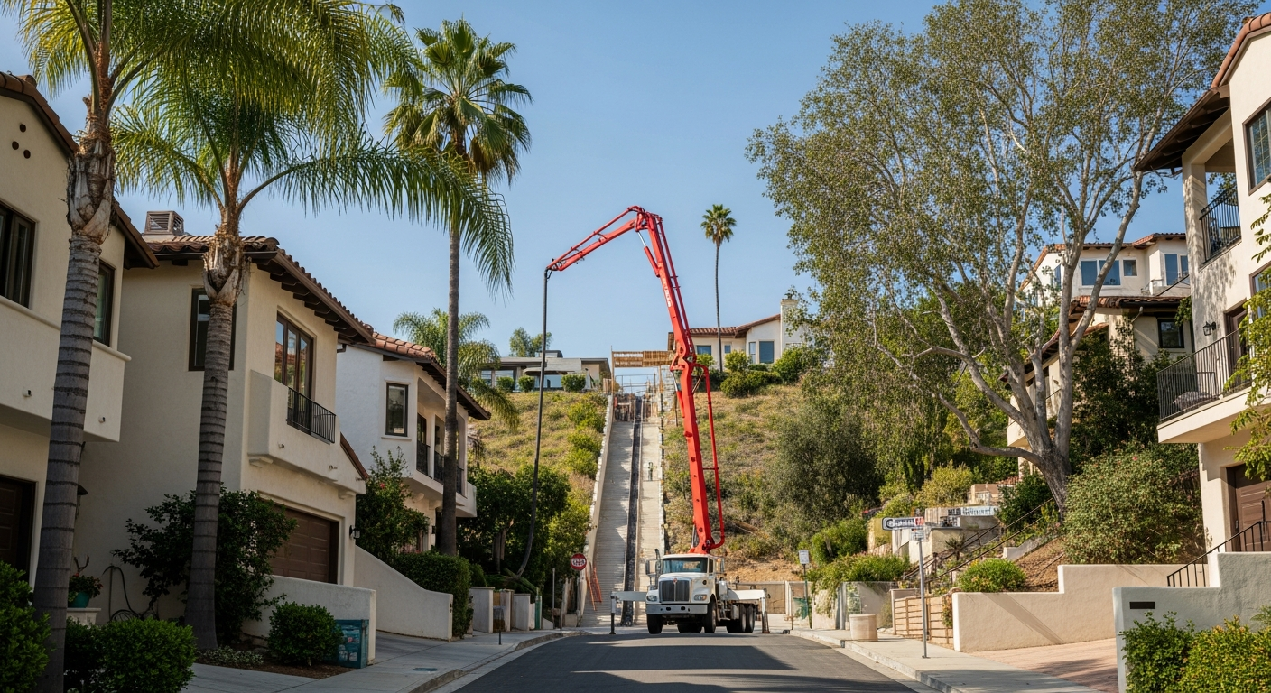 Steep driveway on a Woodland Hills hillside property with concrete pump truck delivering material to upper building pad.