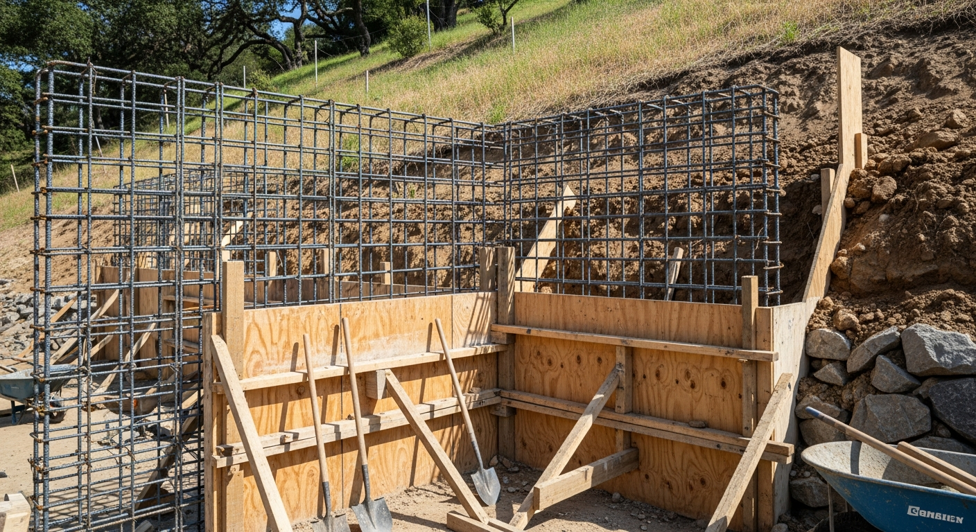 Engineered retaining wall under construction on a Woodland Hills hillside with rebar and formwork in place.