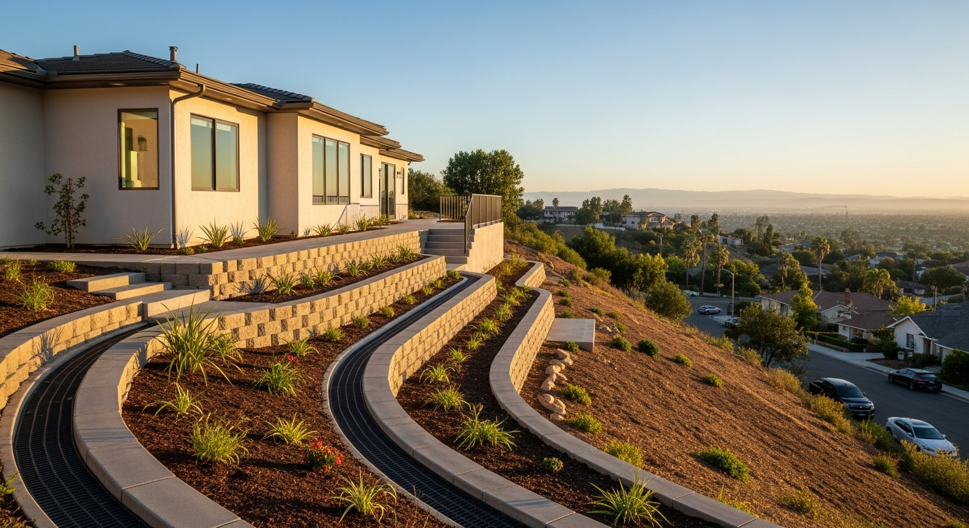 Completed hillside remodel in Woodland Hills showing integrated drainage system with area drains and terraced hardscape.