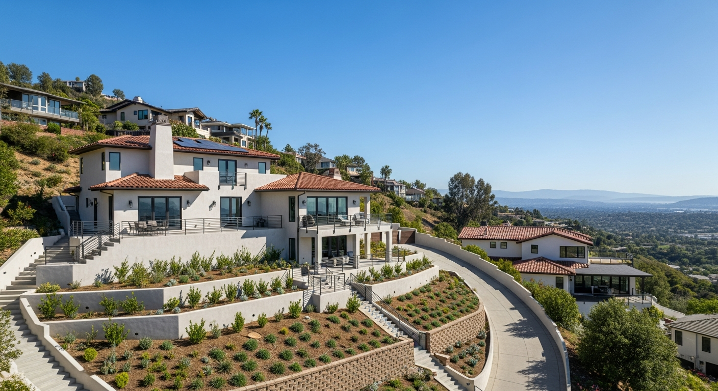 Hillside home in Woodland Hills with terraced landscaping and retaining walls under clear California sky.