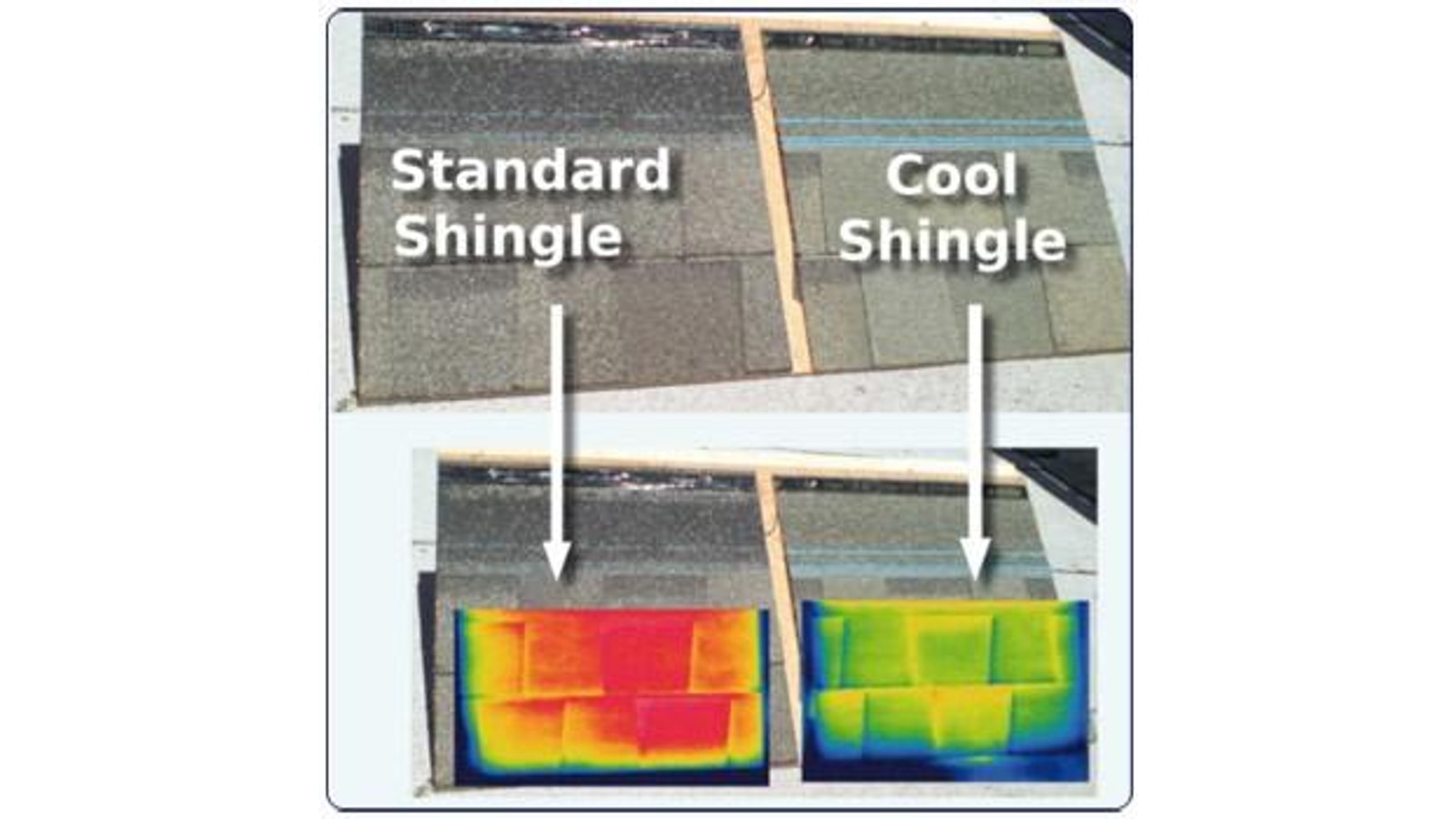 Side-by-side thermal comparison showing a standard shingle running far hotter than a cool-rated shingle on the same roof