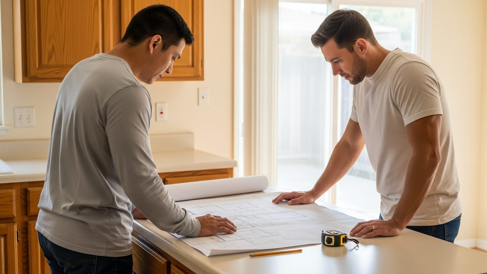 A homeowner and a contractor review architectural drawings on a kitchen counter before pricing a remodel.