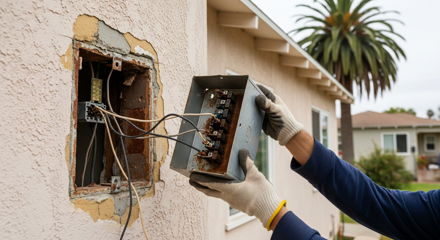 Old fuse box being removed from a 1950s Los Angeles bungalow exterior wall