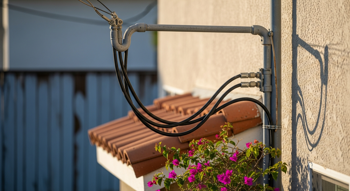 Service drop conductors at the weatherhead of a Los Angeles home before a panel upgrade