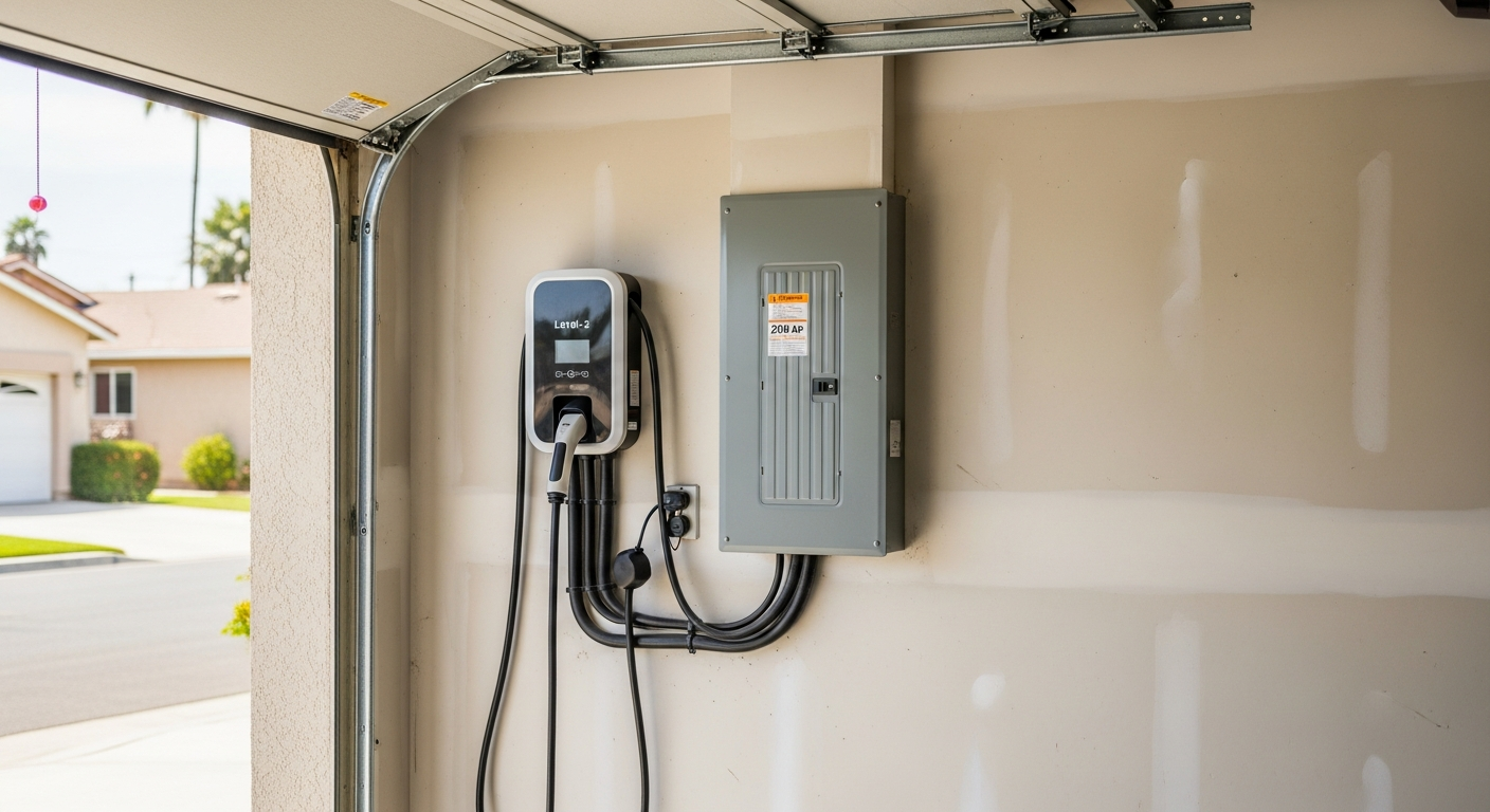 Level-2 EV charger installed on a residential garage wall fed from an upgraded 200-amp service panel