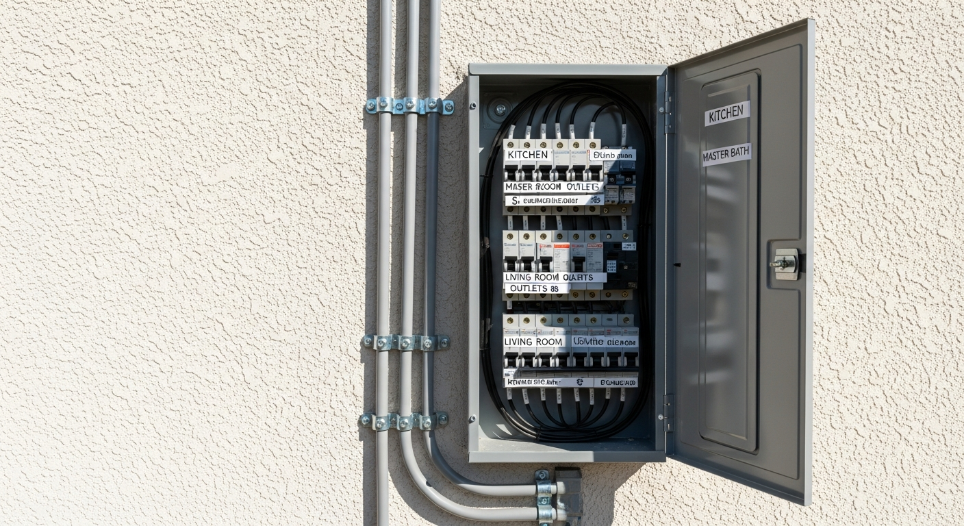 Newly installed 200-amp residential electrical service panel on a Los Angeles home, breakers labeled and conduit cleanly run