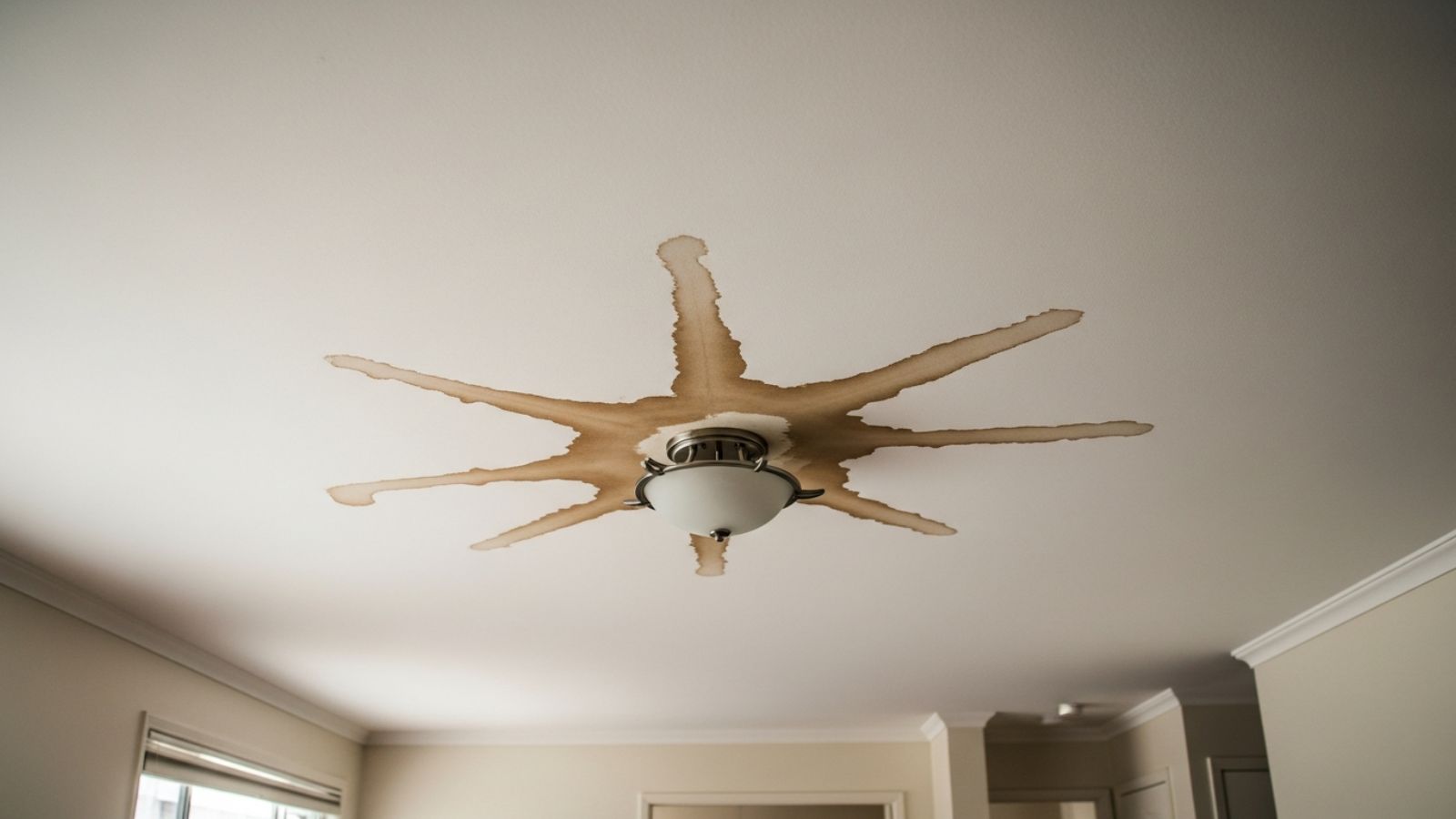 A brown water stain spreading across a residential ceiling near a light fixture.