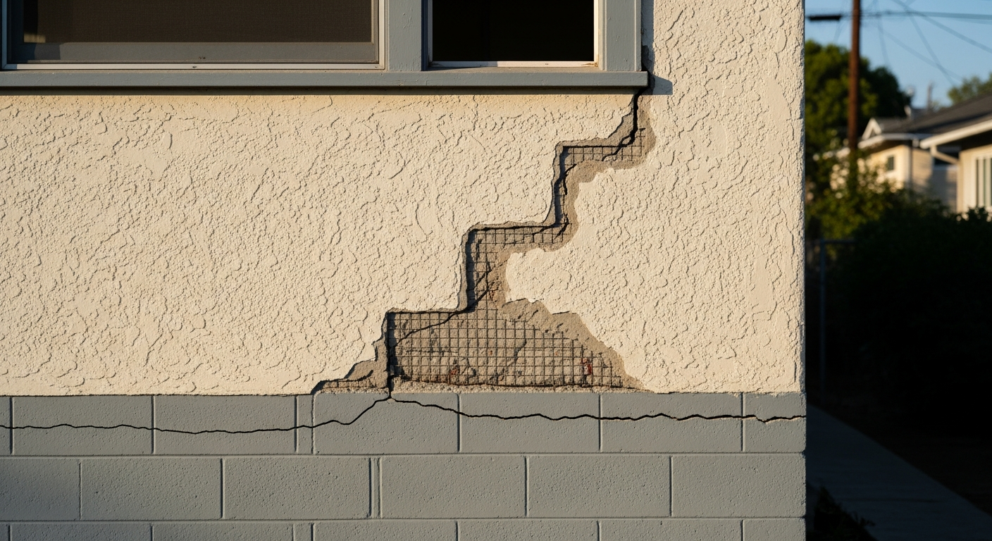 Stair-step crack in a stucco wall above a cracked concrete perimeter foundation on a Los Angeles bungalow