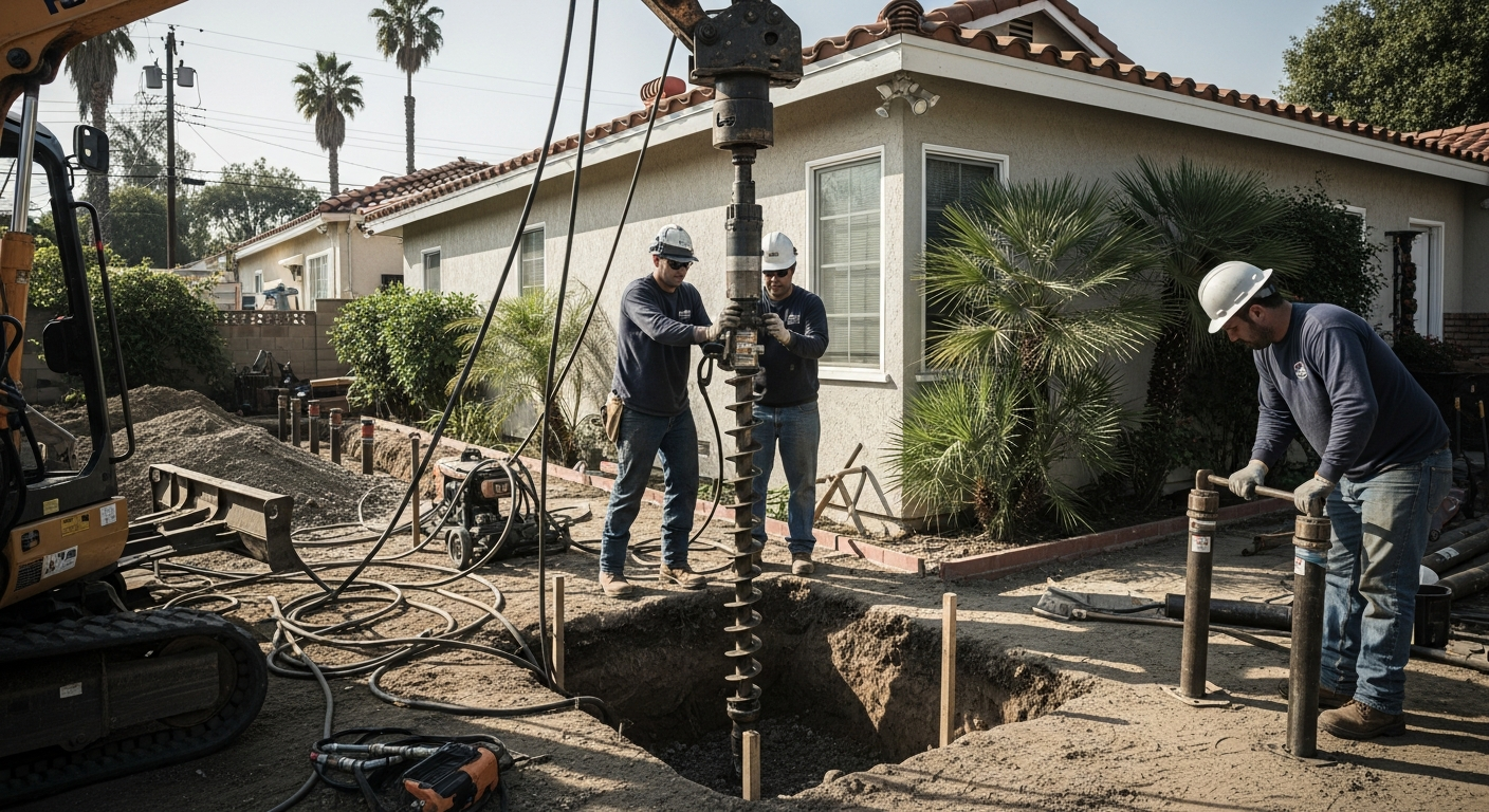 Helical pier installation crew underpinning a settling perimeter foundation at a Los Angeles property