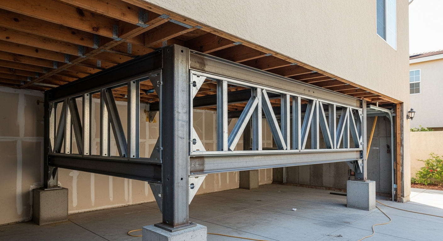 Steel moment frame installed inside a tuck-under garage opening as part of a Los Angeles soft-story retrofit