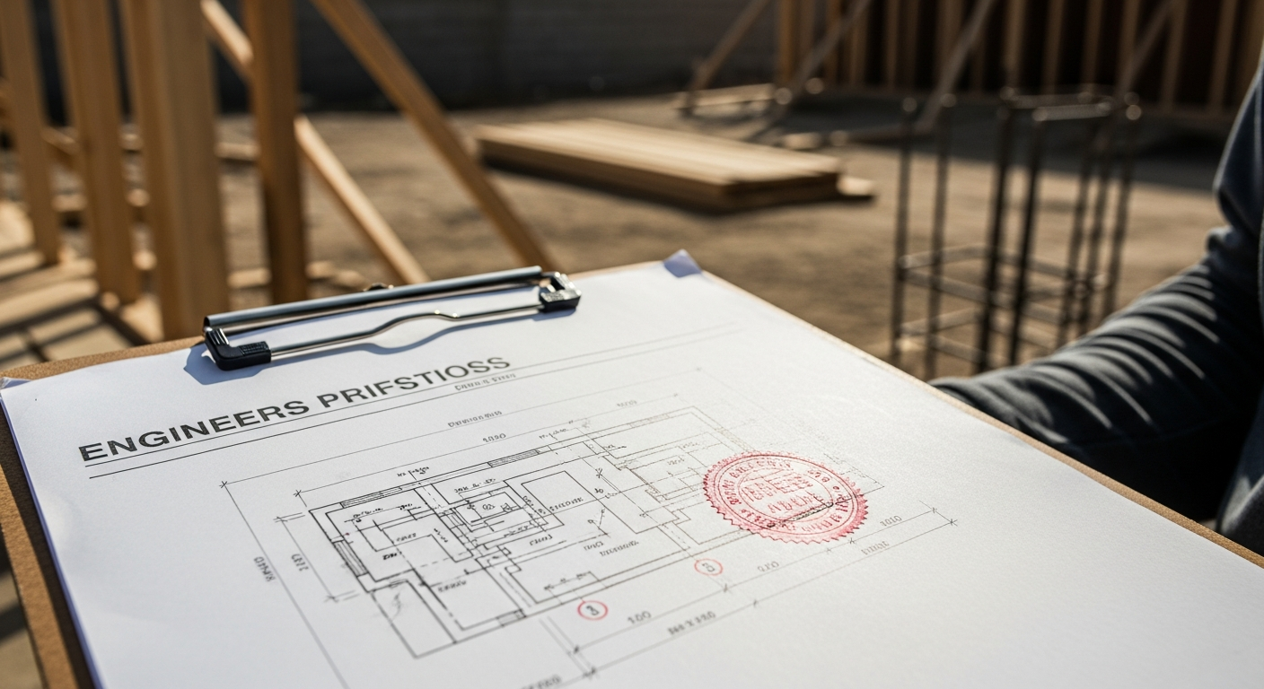 Engineer's stamped structural drawing on a clipboard at a Los Angeles structural project site