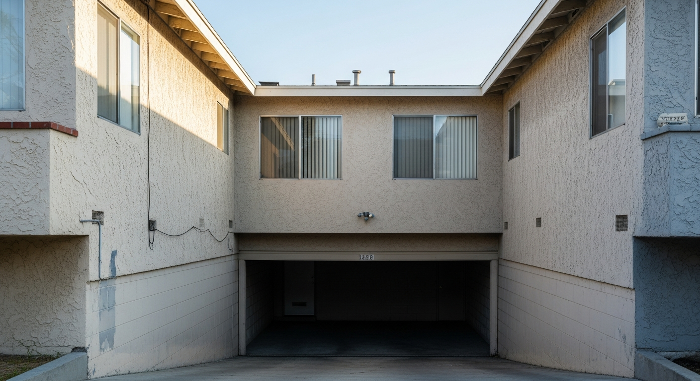 Side view of an older two-story Los Angeles apartment building with a tuck-under garage opening at street level, the type of structure subject to soft-story retrofit