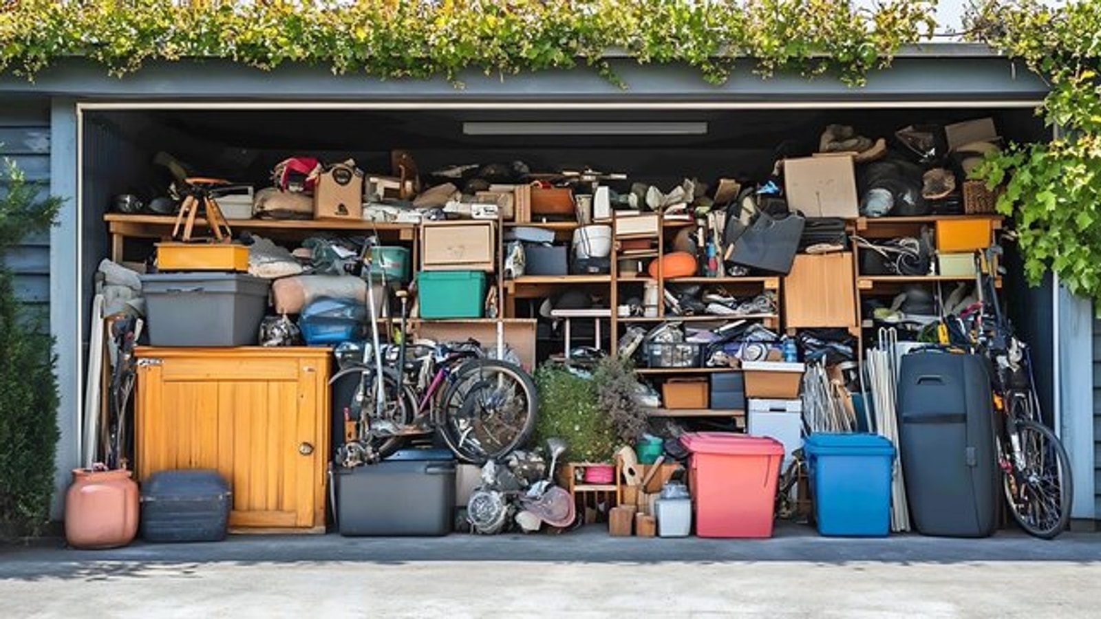 Open residential garage packed with boxes, bicycles, and stored clutter