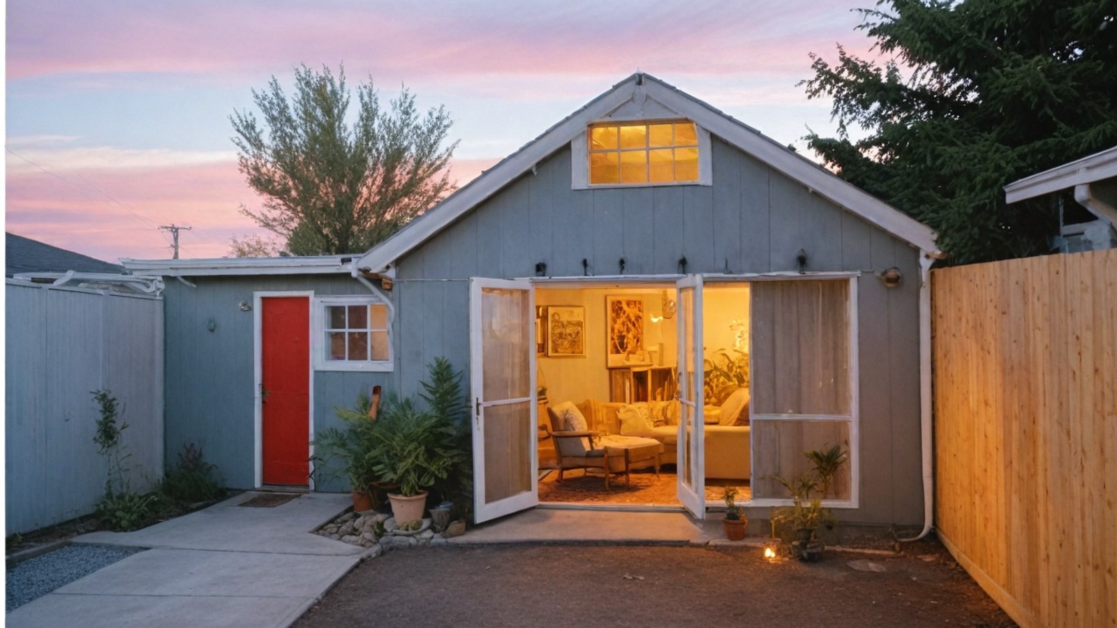Detached garage conversion at dusk with French doors open and warm interior glow
