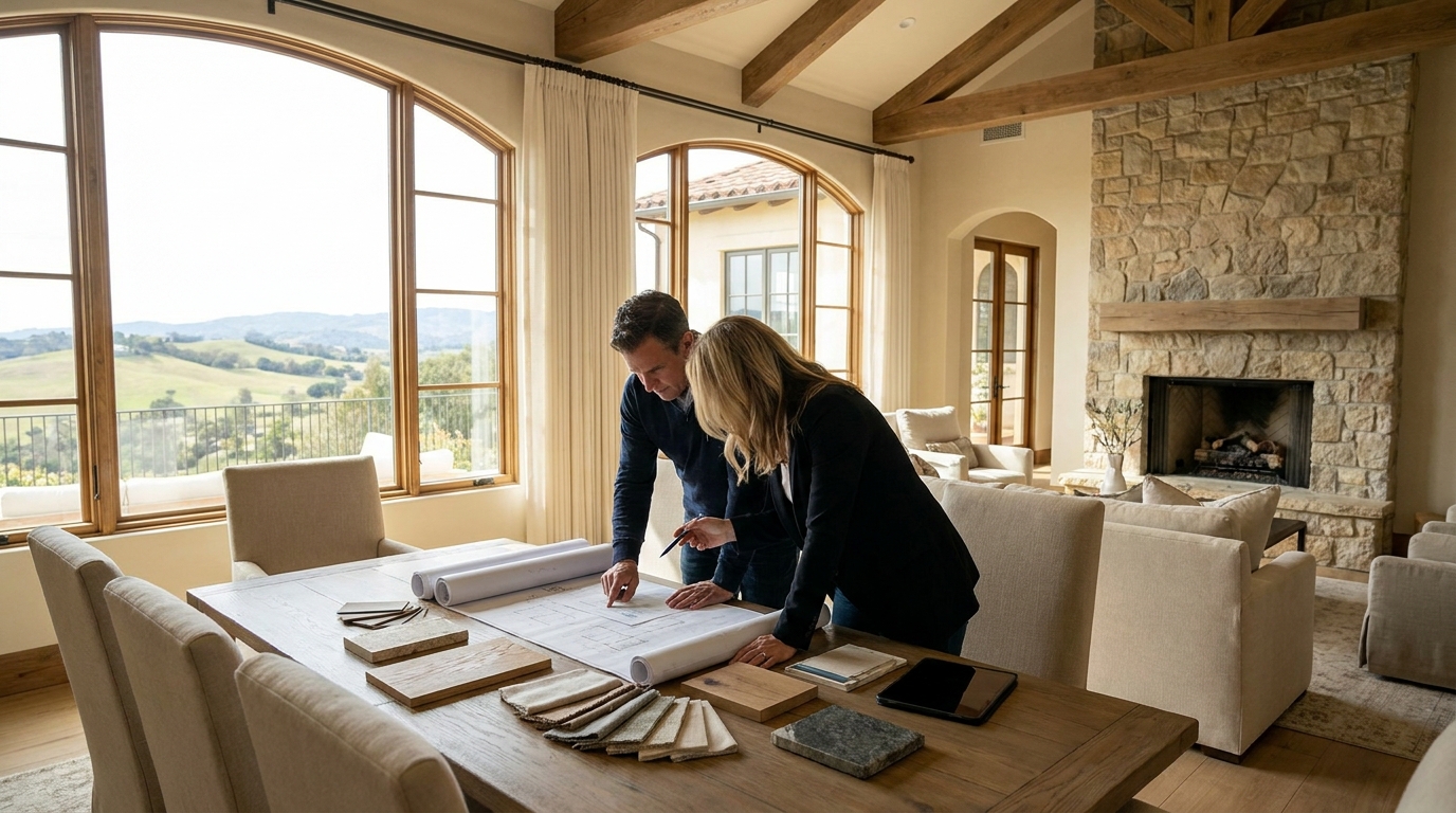 Homeowner and contractor reviewing addition plans and material samples at a table inside a Hidden Hills estate home.