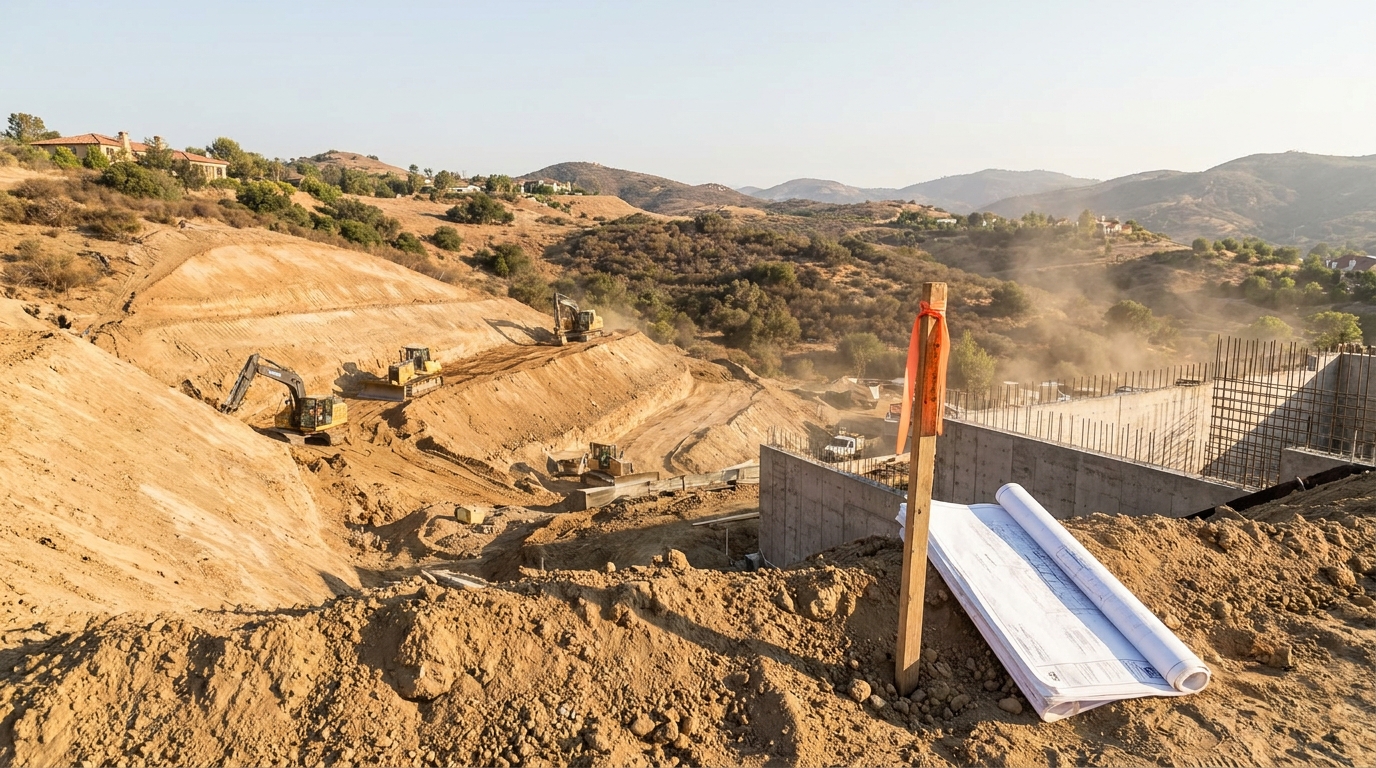Hillside estate lot in Hidden Hills being graded for a home addition with retaining work and survey stakes on the slope.