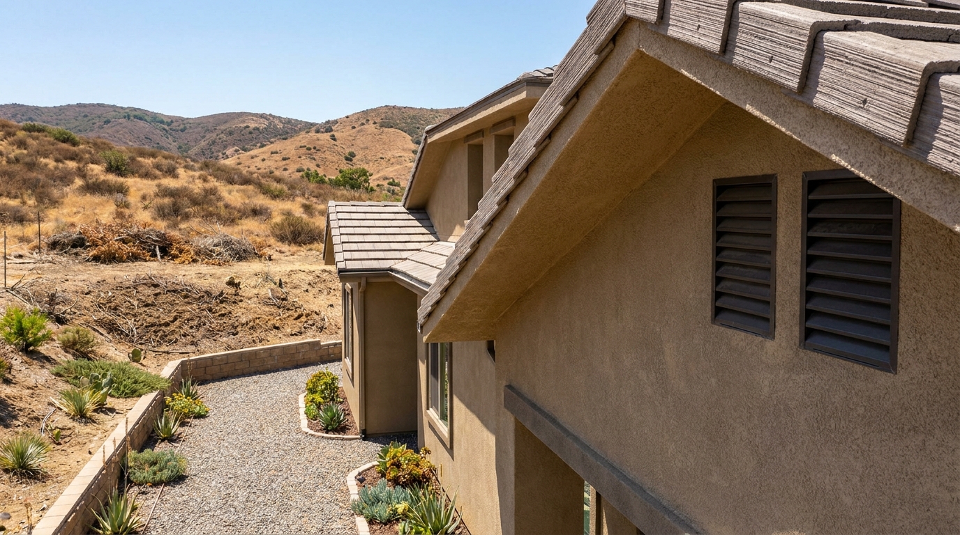 Fire-resistant exterior construction and defensible-space landscaping on a Southern California hillside home in a fire hazard zone.