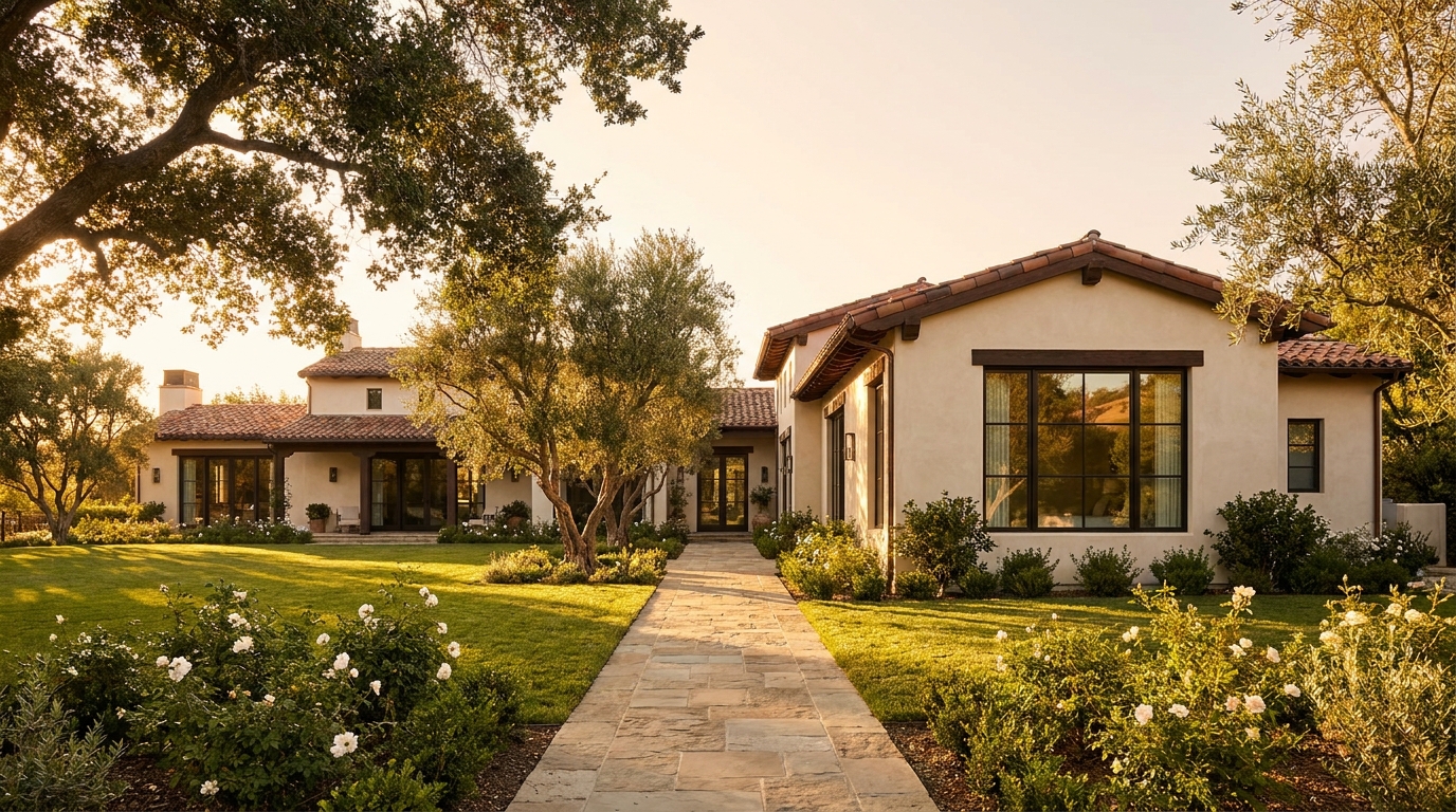Newly completed primary-suite addition on a Hidden Hills estate home with rooflines and materials matched to the existing house at golden hour.
