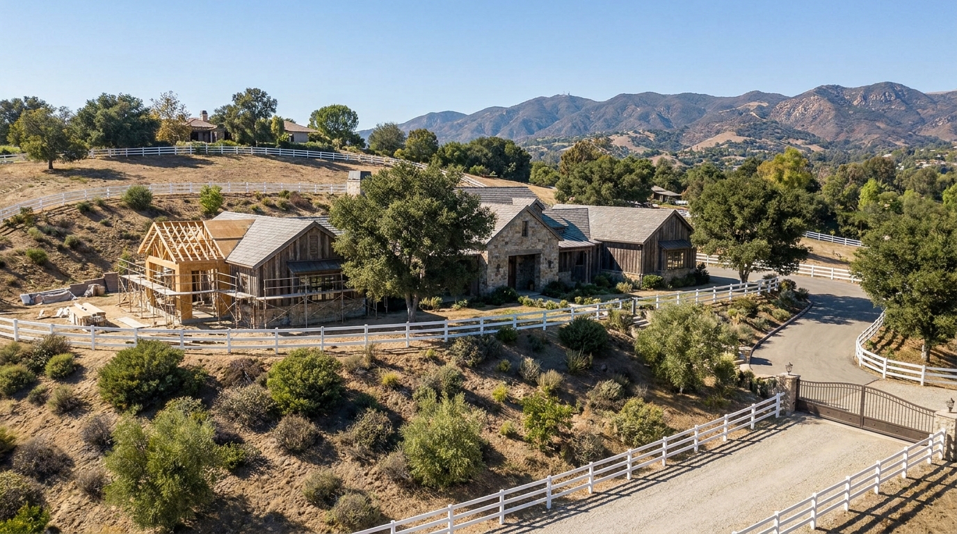 Gated Hidden Hills estate home on a large hillside lot with a planned addition wing framed against the Santa Monica Mountains.