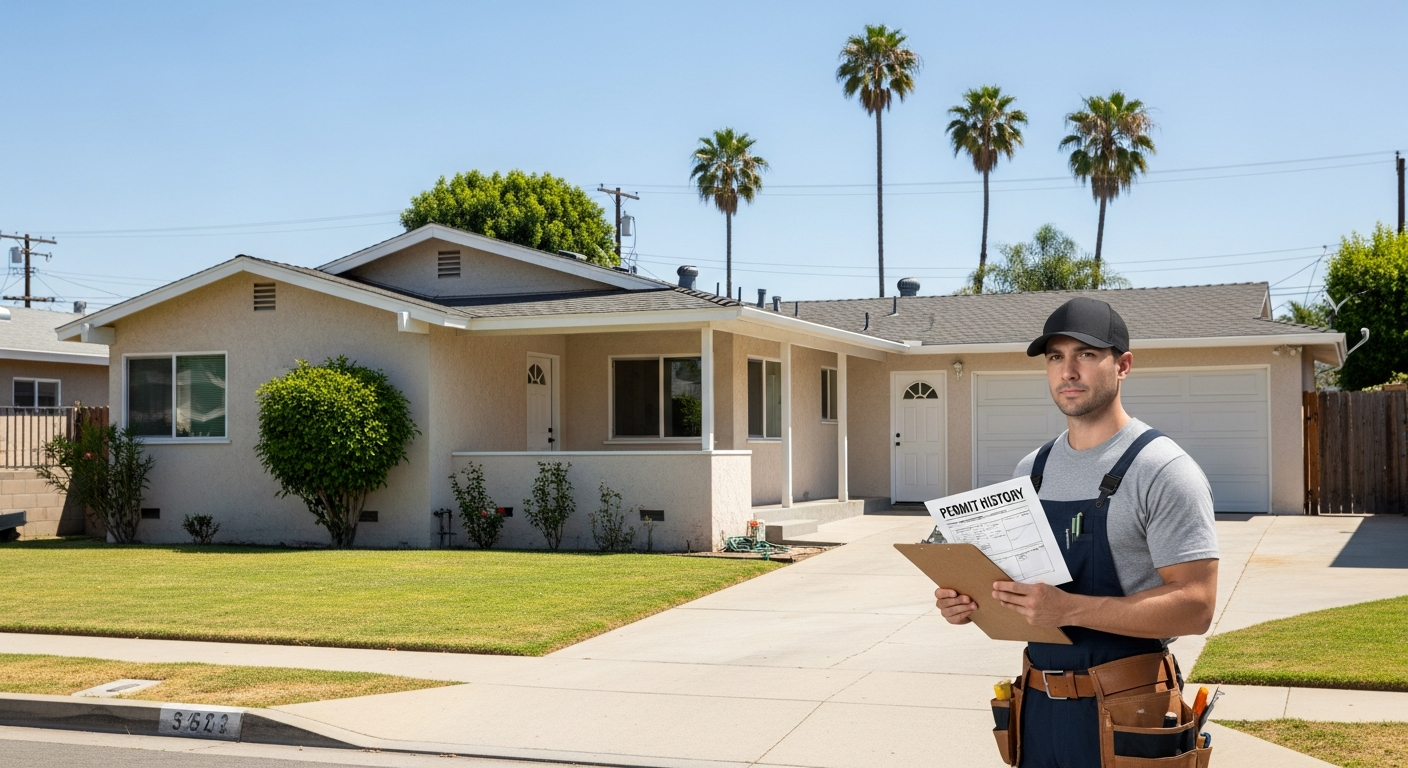 Van Nuys tract home with enclosed patio and garage conversion, contractor reviewing permit history documents on clipboard in driveway.