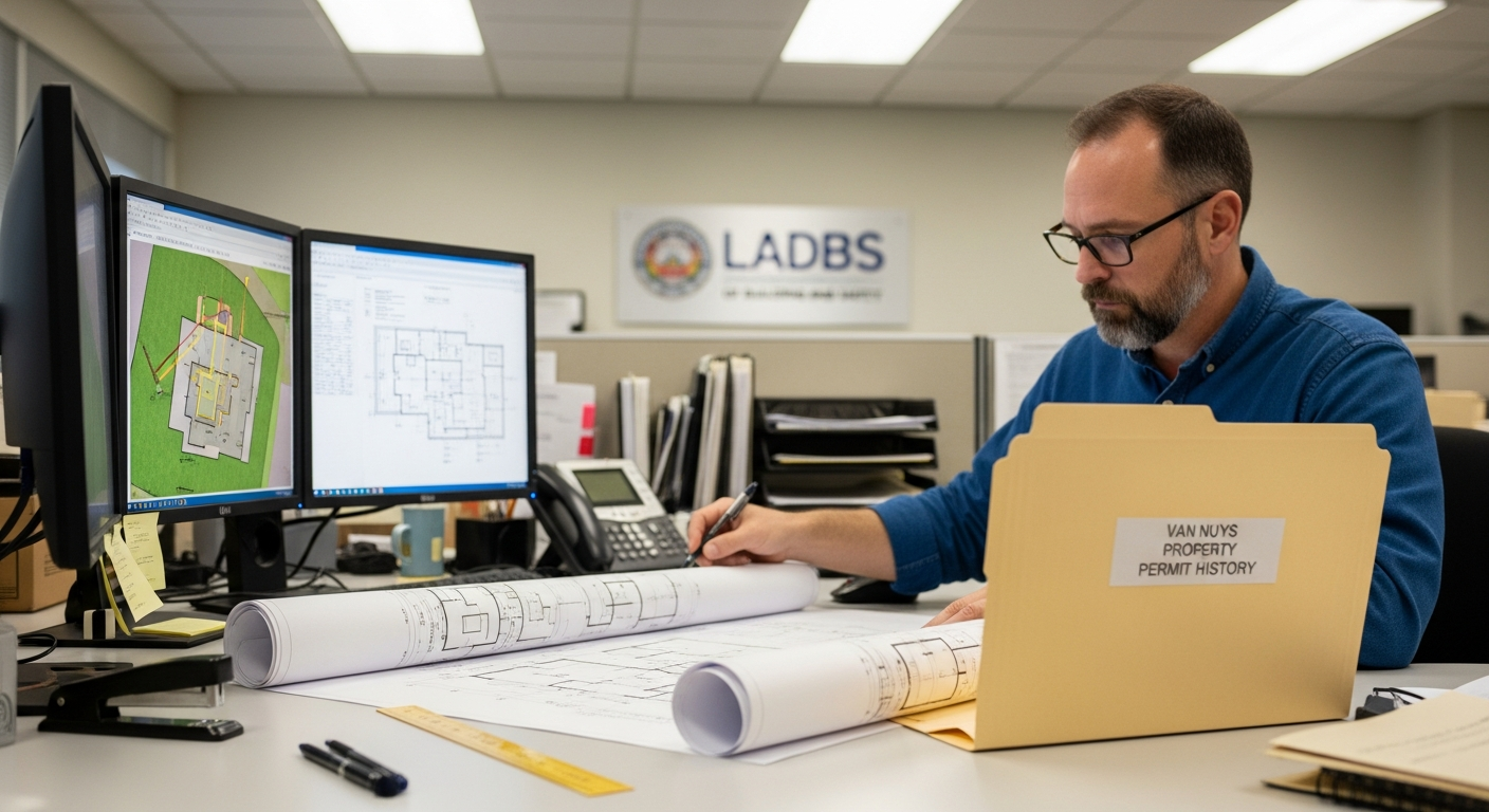 LADBS plan-checker reviewing home addition drawings at desk, Van Nuys property permit history folder open, computer screen showing site survey.