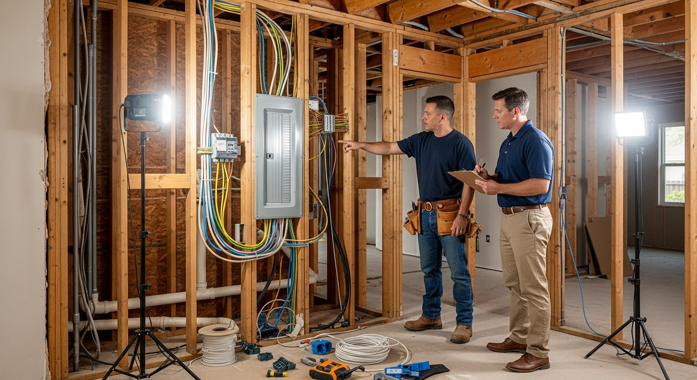 Van Nuys home interior with walls opened for retroactive inspection, electrical panel upgrade in progress, contractor and inspector reviewing code compliance.