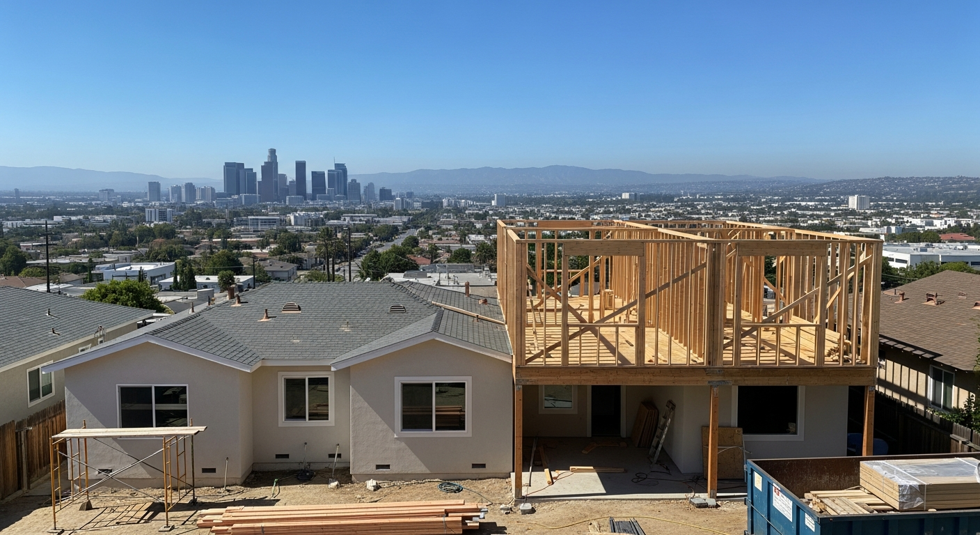 Van Nuys second-story addition framing in progress, main house with retroactive compliance work completed, San Fernando Valley skyline visible.