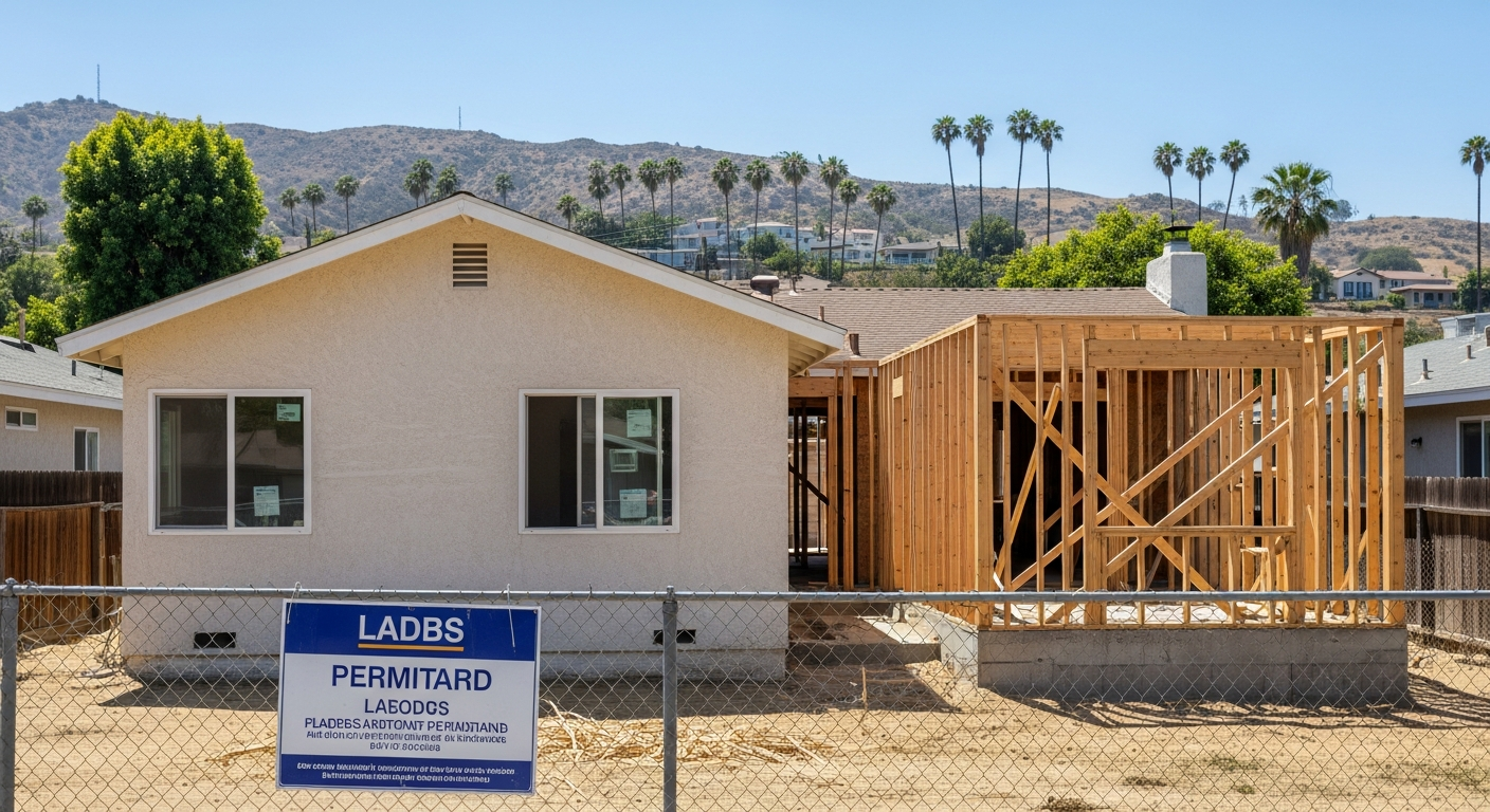 Single-story Van Nuys home with rear addition under construction, exposed framing and permit placard visible, San Fernando Valley hillside in background.