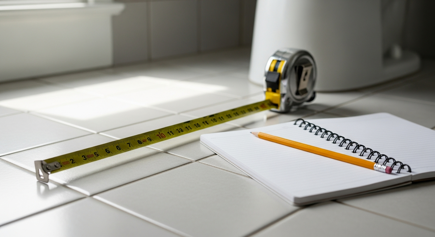 Tape measure laid across a tiled bathroom floor with a notebook and pencil ready for measurement notes