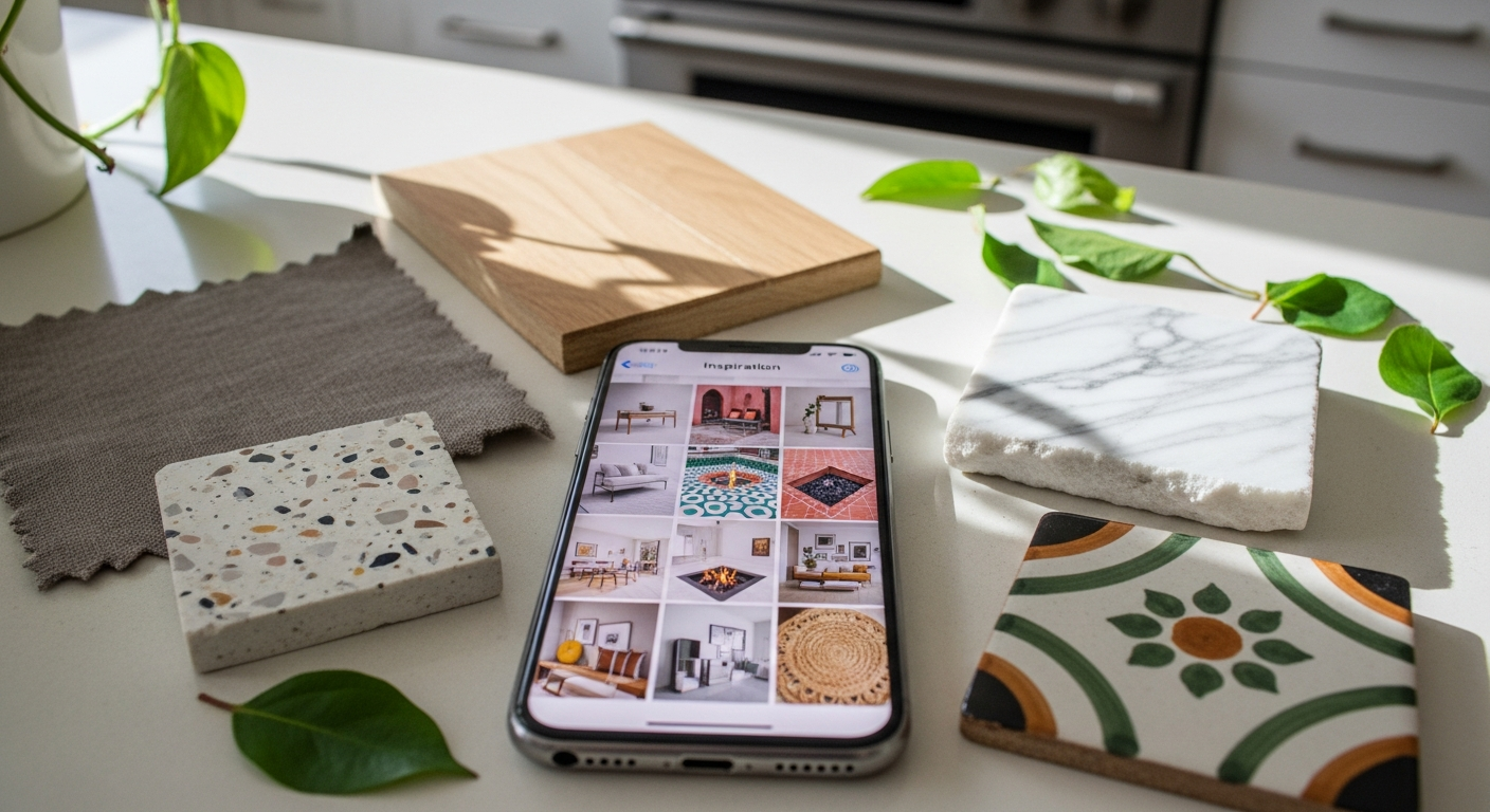 Phone showing a folder of inspiration photos and material samples on a kitchen counter