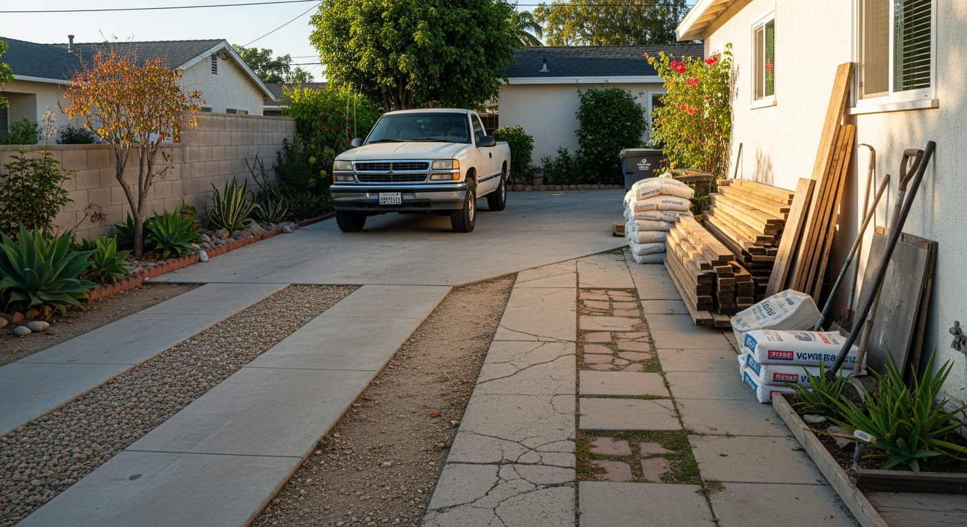 Driveway and side-yard access path of a Los Angeles home, showing parking and material-staging options
