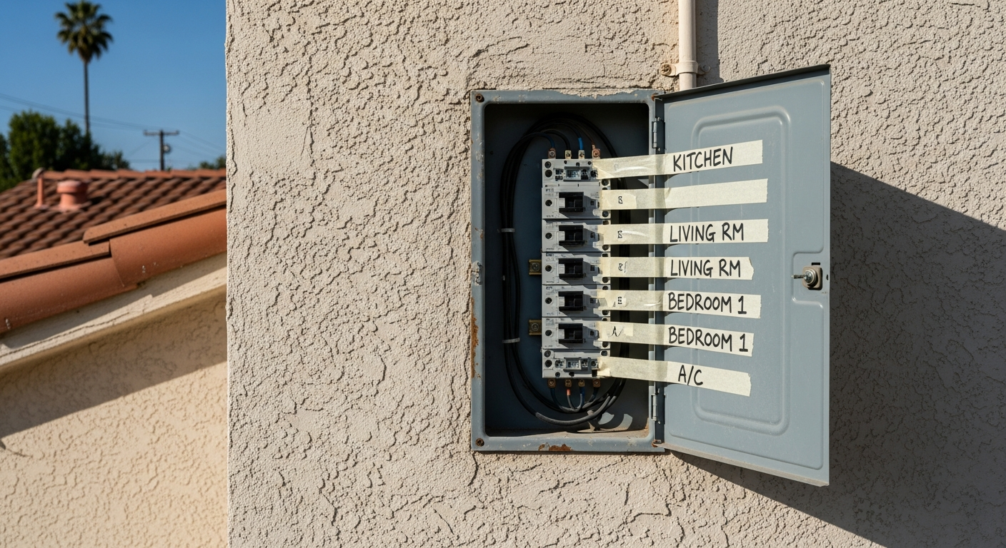 Open electrical panel cover on a Los Angeles home with breaker labels visible, ready for the visit