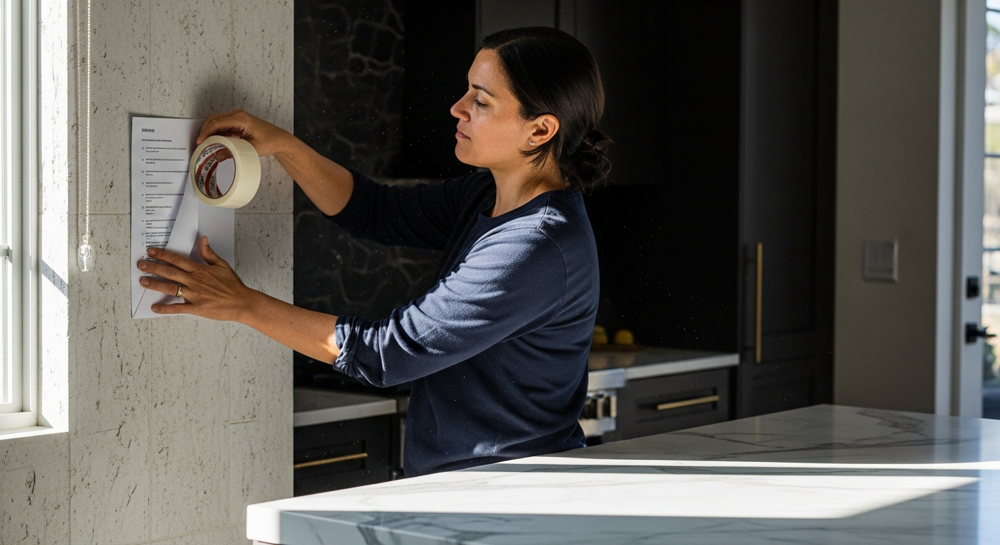 Homeowner taping a printed checklist to the wall beside a kitchen island in a Los Angeles home before a contractor visit