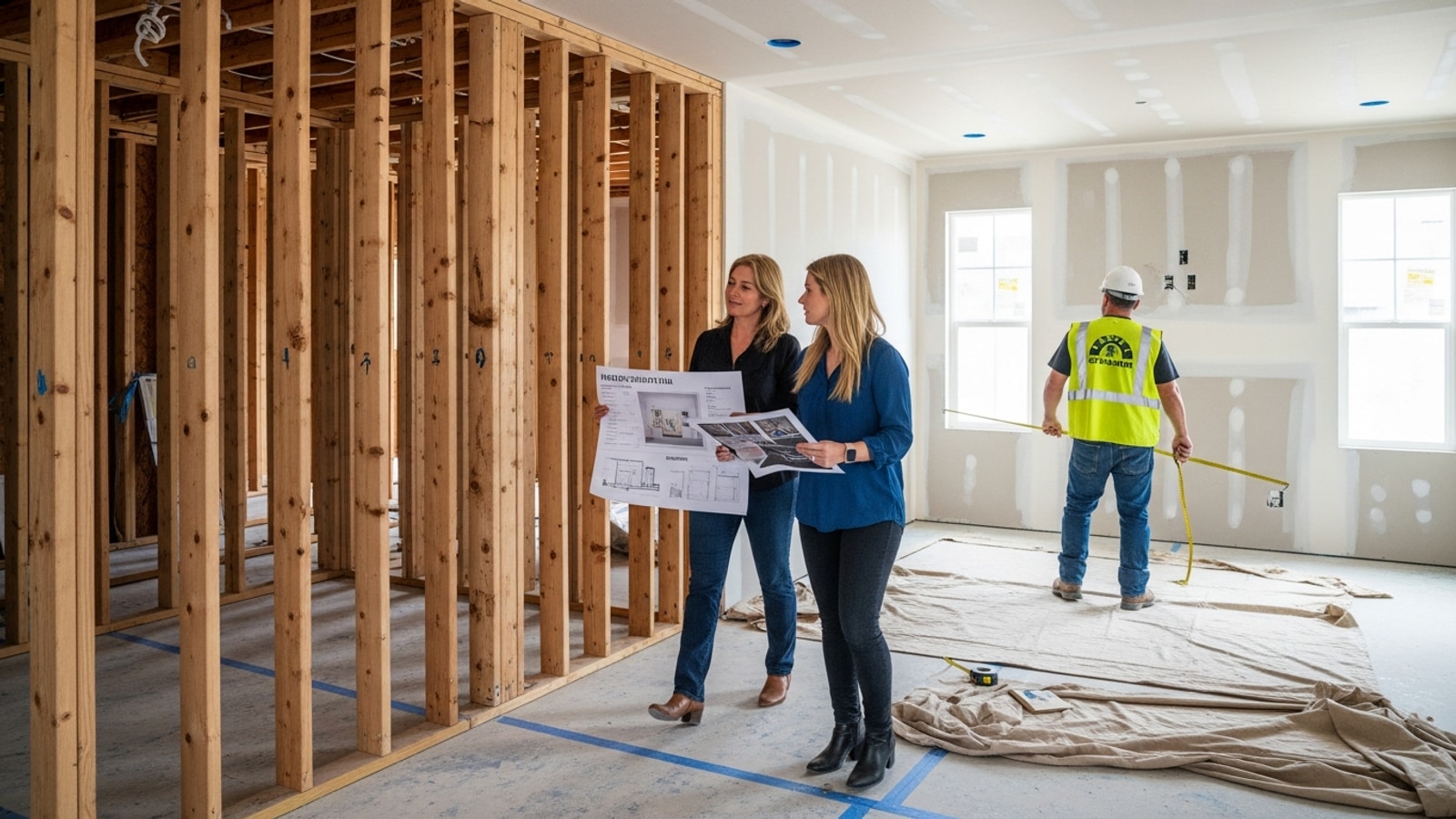 Designer and homeowner walking through a Los Angeles remodel mid-construction with a printed finish schedule, framing visible on one side and finished drywall on the other