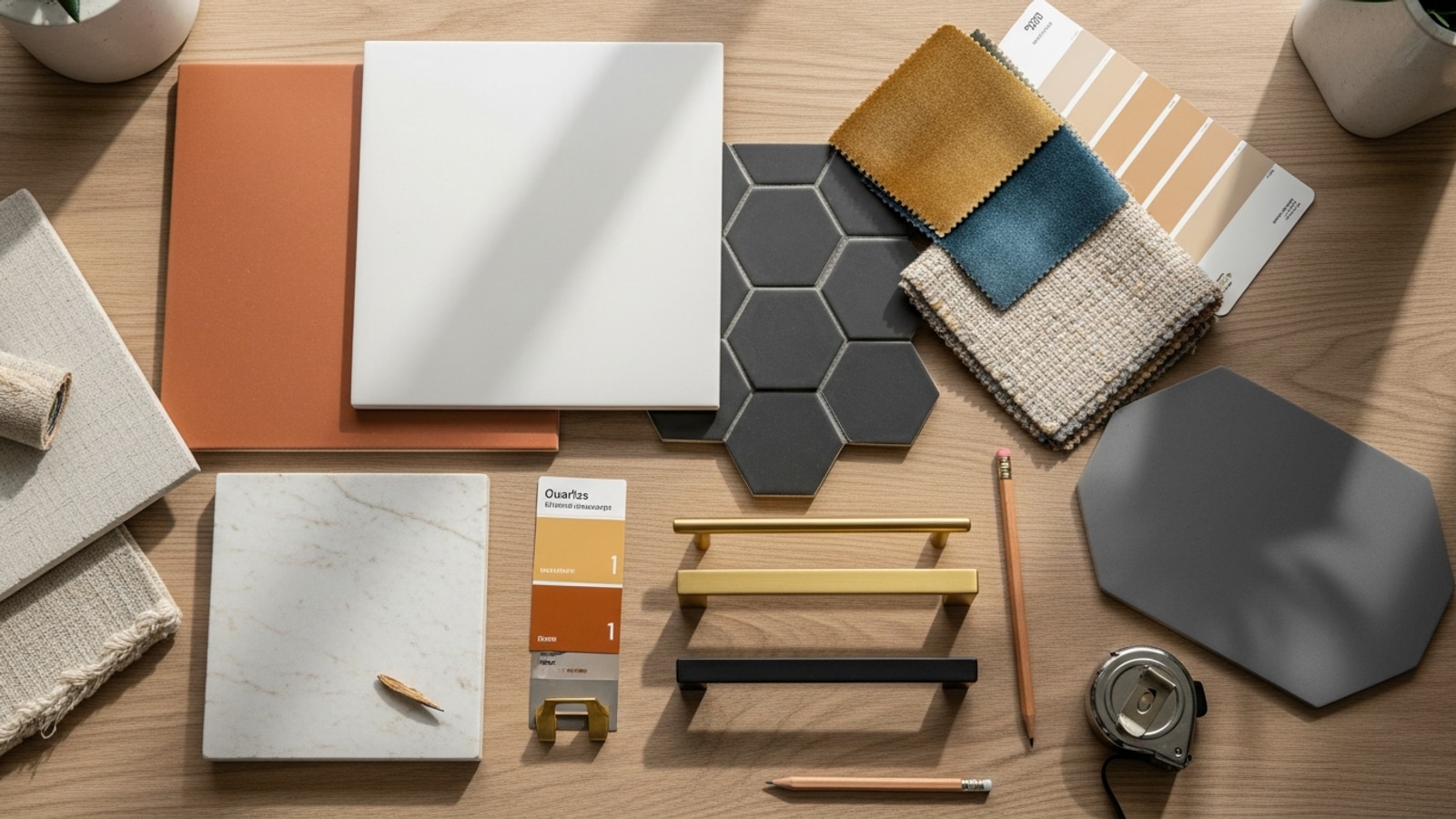 Top-down view of a designer's working desk with porcelain tile samples, fabric swatches, paint chips, a quartzite slab, and brass and matte-black cabinet pull samples